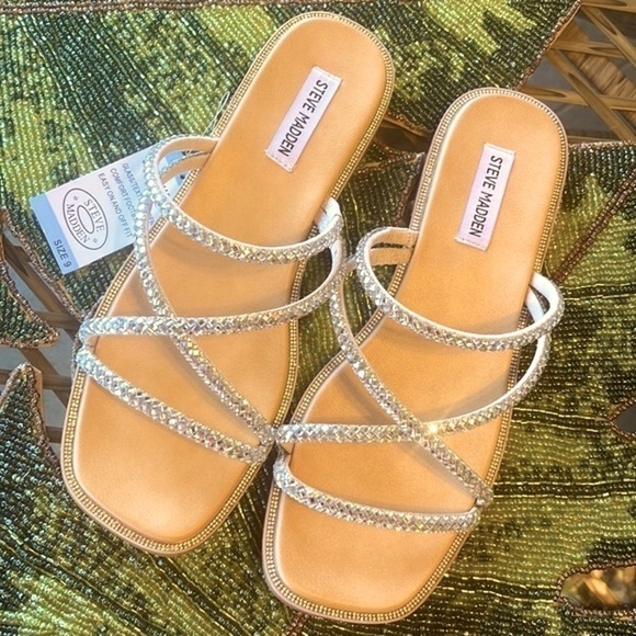 Brand New Steve Madden Glass Beaded Bling Multi Strap Slides  Slip On Sandals - Picture 1 of 15